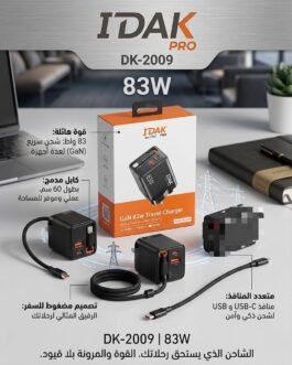 شاحن IDAK PRO DK-2009 بقوة 83W ⚡بتقنية GaN، مصمم قوي وآمن لعدة أجهزة في نفس الوقت، مع كابل مدمج بطول 60 سم و🚀