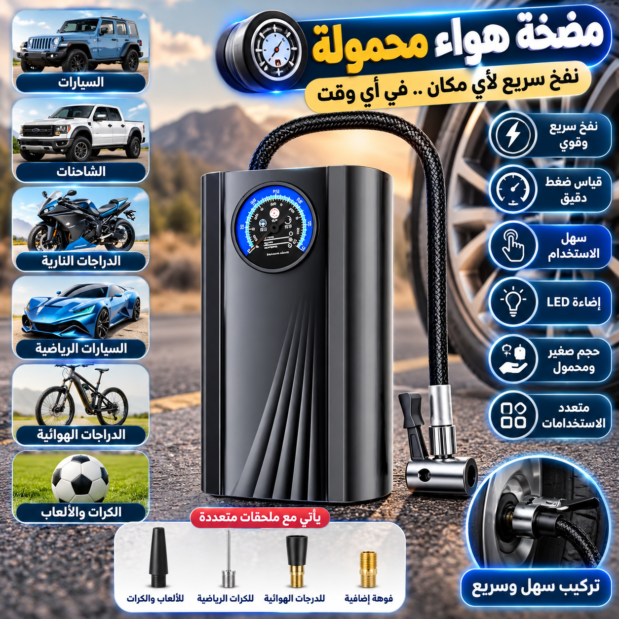 🚗💨 مضخة هواء محمولة للسيارات والدراجات